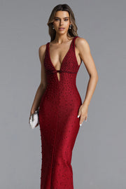 Tersa Romantic Contour Sleeveless Deep V Beaded Maxi Dress